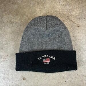 U.S. Polo Assn. grey & black striped beanie with reversible striped side